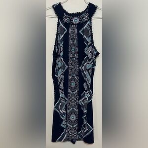 Three Pink Hearts blue/white sleeveless halter top boho geometric dress. Large
